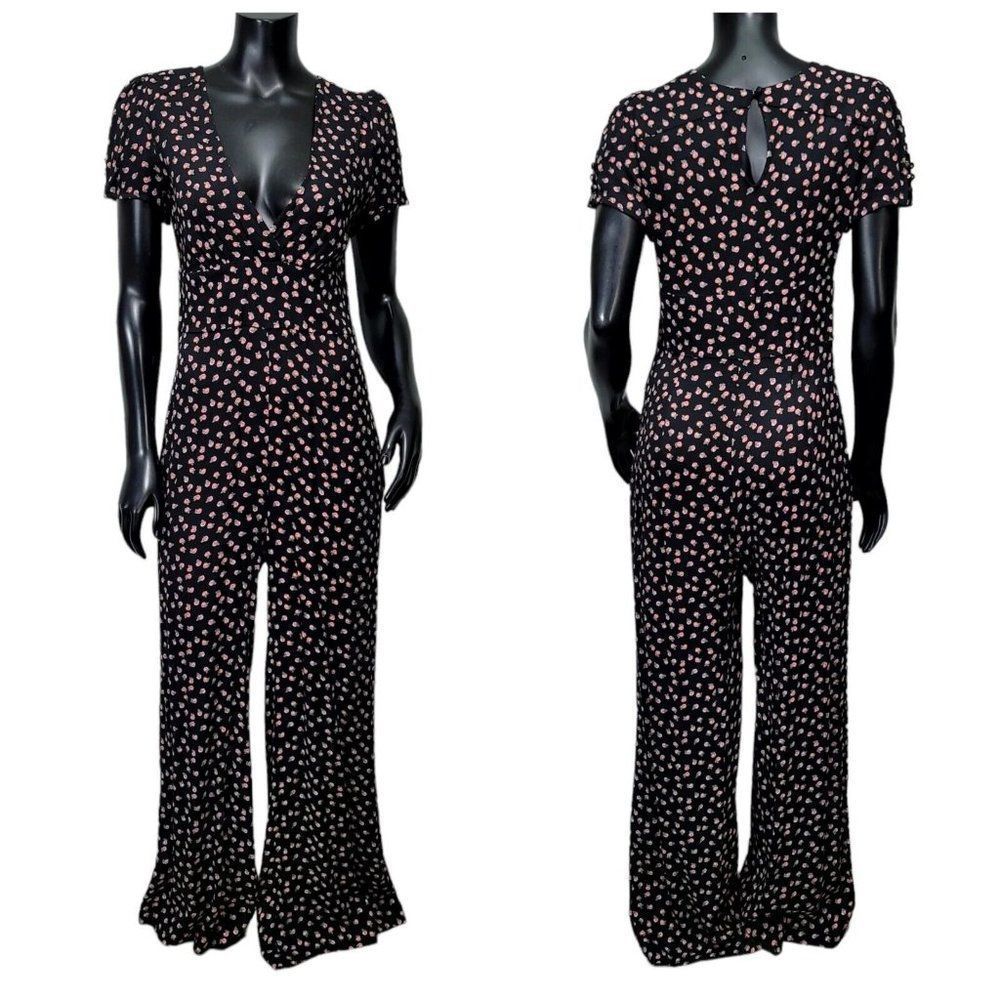 Free People Womens 8 Mia Black Peach Printed Wide Leg VNeck Jumpsuit One Piece
